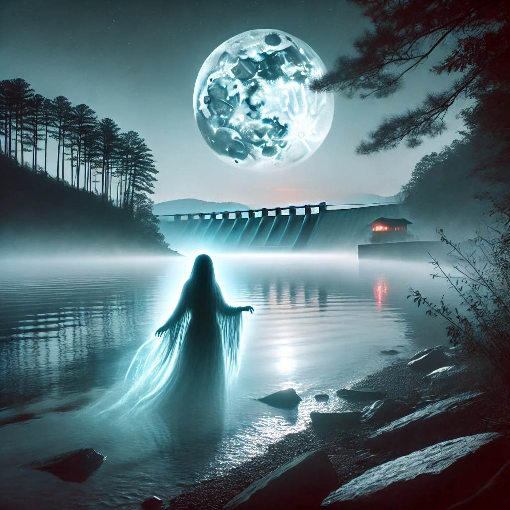 DALL·E 2024 11 05 09.59.43 A mystical scene of Lake Hartwell at night under a full moon with a ghostly figure of a Cherokee princess appearing near the misty shoreline. The lak